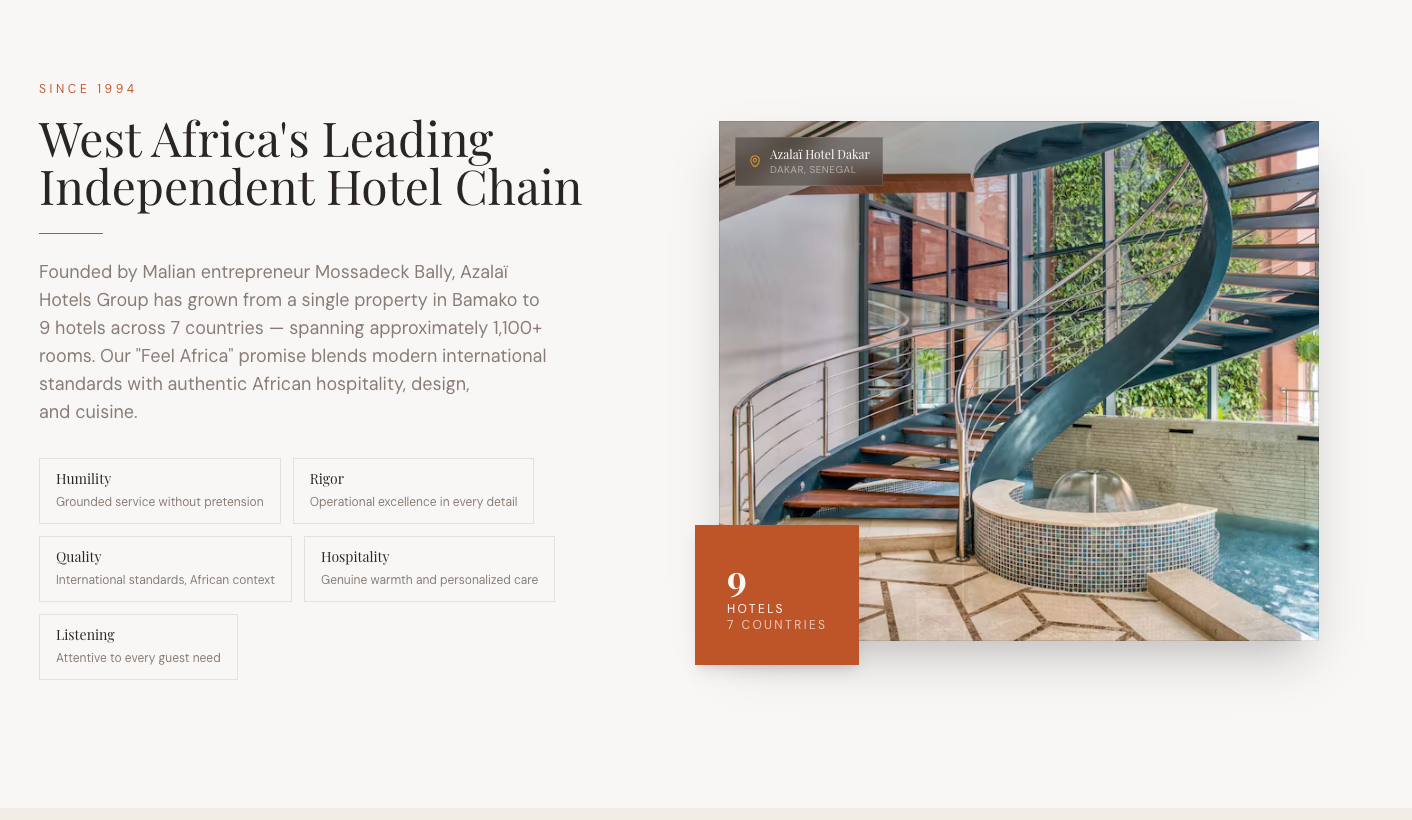 Brand story — 9 hotels, 7 countries, the 'Feel Africa' promise.