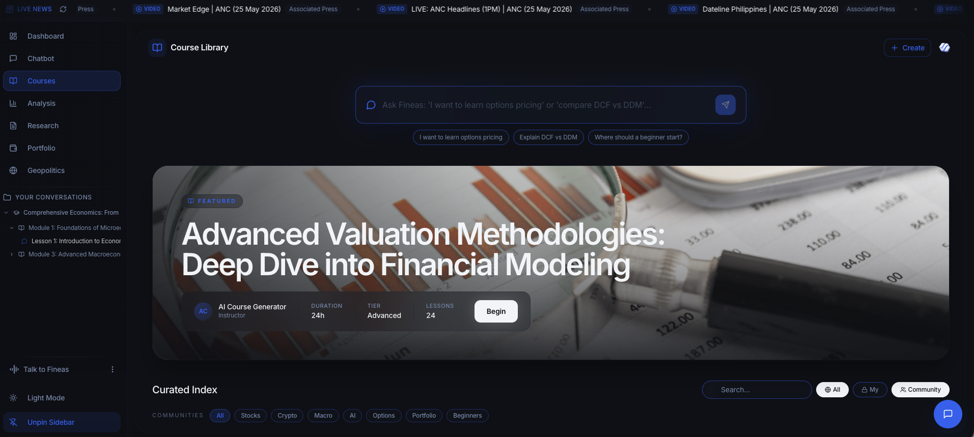Adaptive course library — AI-generated lessons, curated index.