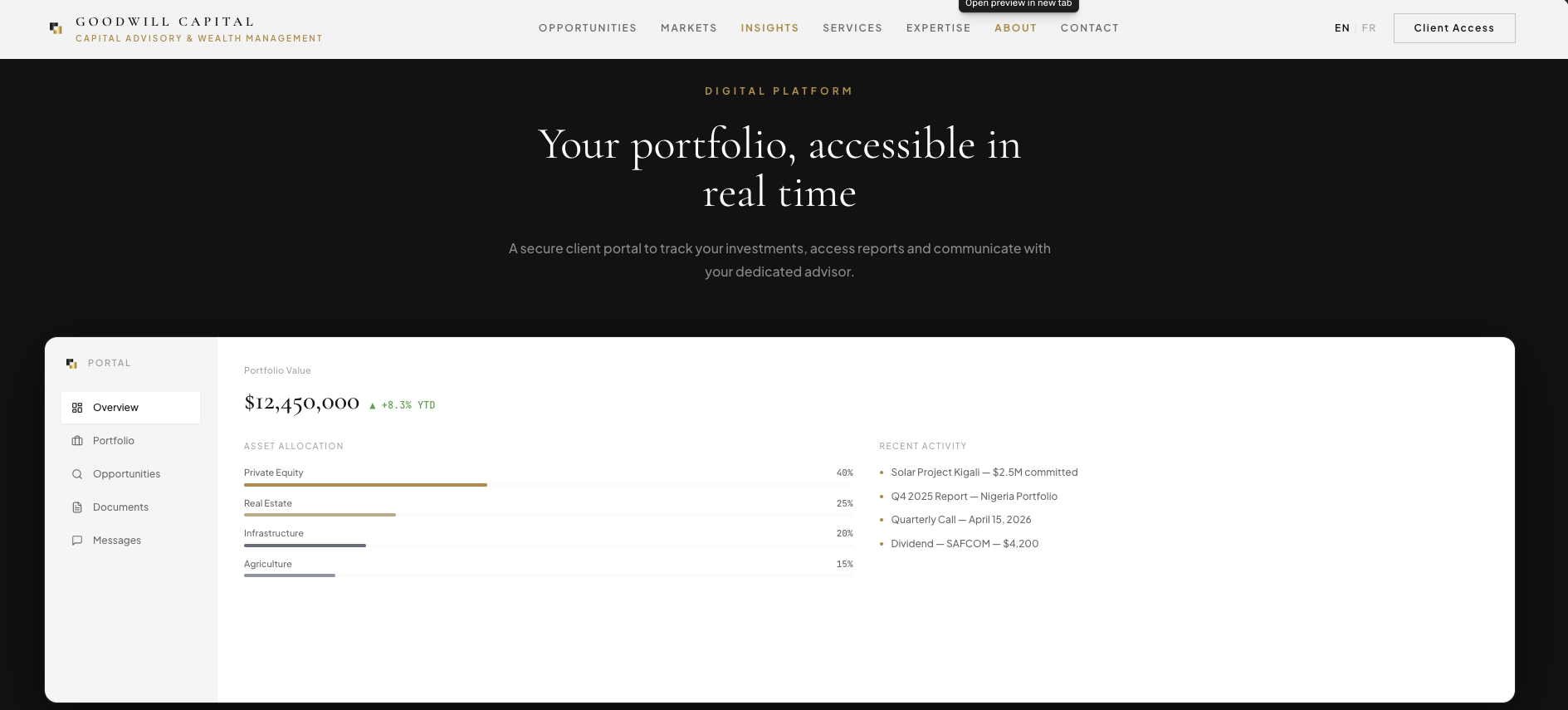 Client portal — portfolios, documents, advisor messaging.
